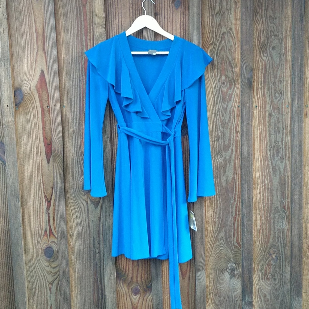 Taylor blue wrap dress bell sleeve midi NWT